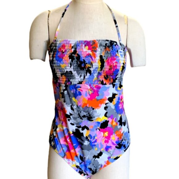 Kenneth Cole Smocked Bandeau One-Piece Halter Swimsuit Floral XL #60K - Picture 2 of 10